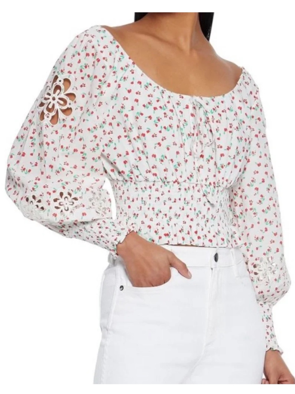 Rixo White Red Floral Smocked Crop Top with Puff Sleeves Small